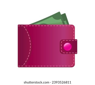 Cartera rosa con dinero. Ilustración vectorial aislada.