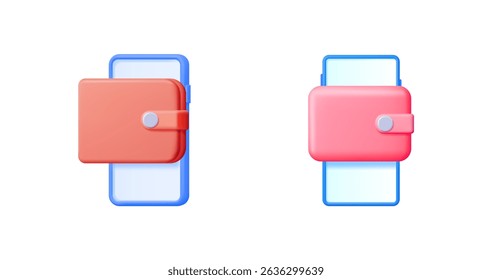 Pink wallet with money and smartphone. Digital wallet app for online payment and financial management. Mobile banking concept.