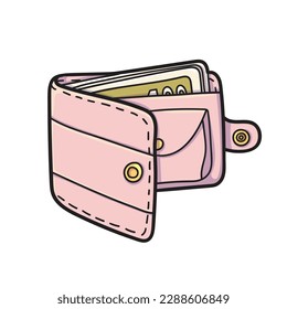 Cartera rosa con el dinero en papel y la ilustración vectorial del compartimento de la moneda aislada en el fondo blanco. El icono para los niños estudia. 