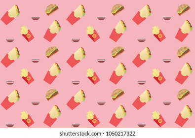 Pink wallpaper with a pattern of scattered food items
