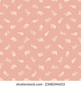 Pink wallpaper with sleeping pigs in different poses. Vector seamless repeat pattern of cute piglets