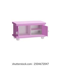 Pink wardrobe with open door. 3D vector illustration icon of a compact, pastel-colored cabinet with two shelves and small round knobs.