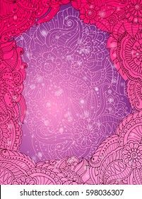 Pink warm zentangle postcard template. Wedding invitation. Vector zendoodle frame border