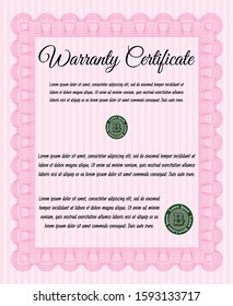 Pink Warranty Certificate template. Artistry design. Customizable, Easy to edit and change colors. Complex background. 