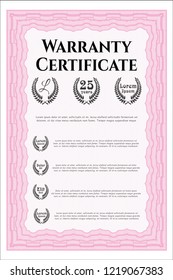 Pink Warranty Certificate template. With background. Excellent design. Vector illustration. 