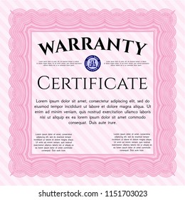 Pink Warranty Certificate template. Complex background. Detailed. Money design. 