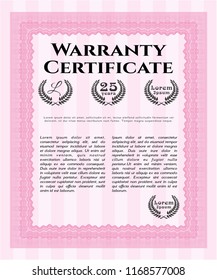 Pink Warranty Certificate template. With complex linear background. Detailed. Sophisticated design. 