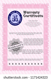 Pink Warranty Certificate template. With complex background. Vector illustration. Perfect design. 