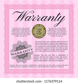 Pink Warranty Certificate template. Complex background. Sophisticated design. Detailed. 