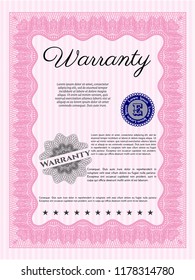 Pink Warranty Certificate template. With complex linear background. Lovely design. Detailed. 