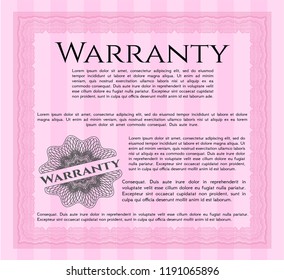 Pink Warranty Certificate template. With complex linear background. Detailed. Nice design. 