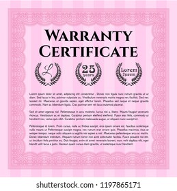 Pink Warranty Certificate template. With complex background. Vector illustration. Money style design. 
