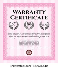 Pink Warranty Certificate template. Complex background. Detailed. Money Pattern design. 