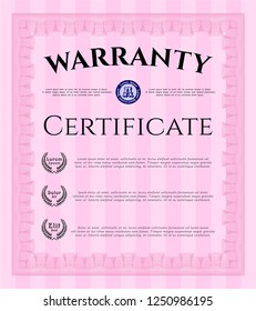 Pink Warranty Certificate template. Complex background. Excellent design. Detailed. 