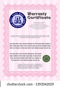 Pink Warranty Certificate template. With complex background. Perfect design. Customizable, Easy to edit and change colors. 