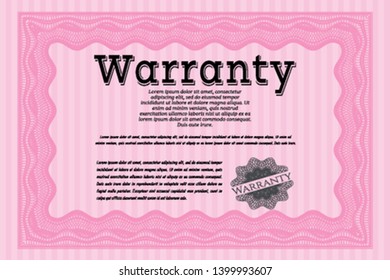 Pink Warranty Certificate template. With complex linear background. Vector illustration. Artistry design. 