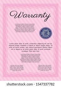 Pink Warranty Certificate template. With complex background. Detailed. Good design. 