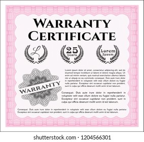 Pink Warranty Certificate template. Cordial design. Vector illustration. Easy to print. 