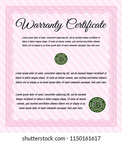 Pink Warranty Certificate template. Customizable, Easy to edit and change colors. With complex background. Sophisticated design. 