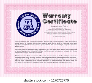 Pink Warranty Certificate template. Customizable, Easy to edit and change colors. With guilloche pattern. Modern design. 