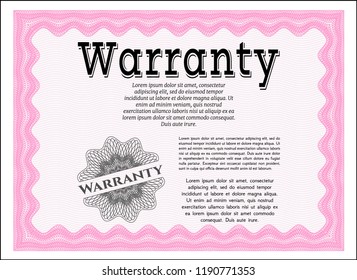 Pink Warranty Certificate template. Detailed. With complex background. Elegant design. 