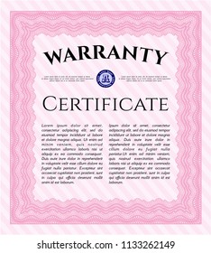Pink Warranty Certificate template. Easy to print. Sophisticated design. Customizable, Easy to edit and change colors. 