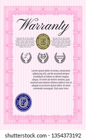 Pink Warranty Certificate template. Easy to print. Detailed. Modern design. 