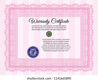 Pink Warranty Certificate template. Elegant design. Detailed. With complex linear background. 