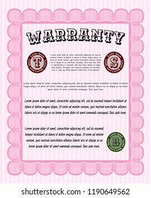 Pink Warranty Certificate template. Elegant design. Vector illustration. With guilloche pattern. 
