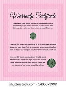 Pink Warranty Certificate template. Elegant design. With great quality guilloche pattern. Detailed. 