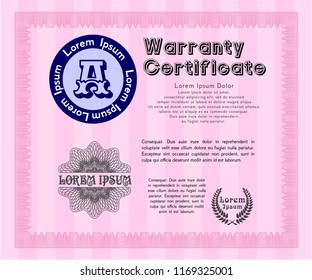 Pink Warranty Certificate template. Excellent design. Easy to print. Vector illustration. 