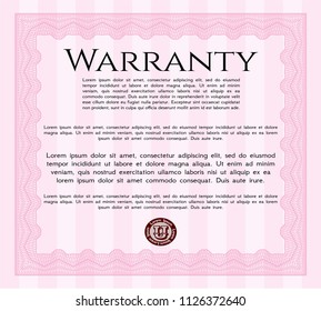 Pink Warranty Certificate template. With great quality guilloche pattern. Money Pattern. Customizable, Easy to edit and change colors. 