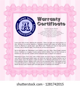 Pink Warranty Certificate template. With great quality guilloche pattern. Nice design. Detailed. 