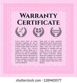 Pink Warranty Certificate template. With great quality guilloche pattern. Vector illustration. Money design. 