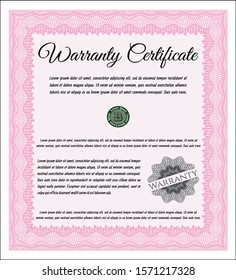 Pink Warranty Certificate template. With great quality guilloche pattern. Detailed. Artistry design. 