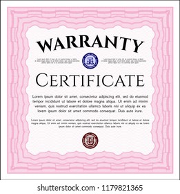 Pink Warranty Certificate template. With guilloche pattern. Customizable, Easy to edit and change colors. Artistry design. 