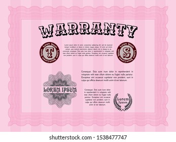 Pink Warranty Certificate template. With guilloche pattern. Retro design. Detailed. 