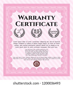 Pink Warranty Certificate template. With linear background. Beauty design. Detailed. 