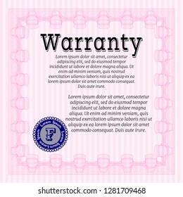Pink Warranty Certificate template. Lovely design. With guilloche pattern and background. Vector illustration. 