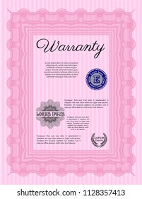 Pink Warranty Certificate template. Modern design. Detailed. With guilloche pattern. 