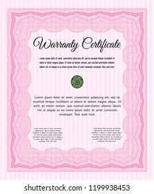 Pink Warranty Certificate template. Modern design. With guilloche pattern and background. Vector illustration. 