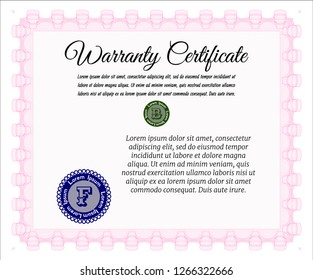 Pink Warranty Certificate template. Modern design. Vector illustration. With complex background. 