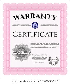 Pink Warranty Certificate template. Money Pattern design. With linear background. Customizable, Easy to edit and change colors. 