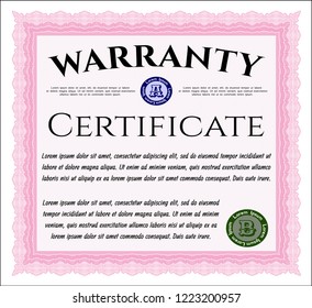 Pink Warranty Certificate template. Money style design. With guilloche pattern. Detailed. 