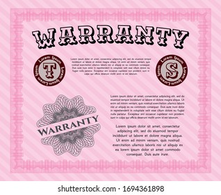 Pink Warranty Certificate template. Money Pattern design. Detailed. With complex linear background. 