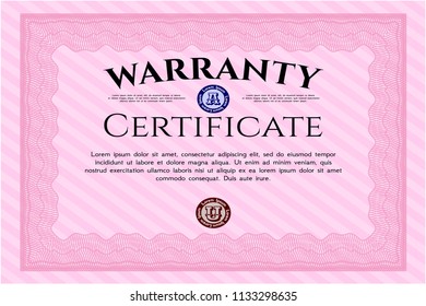 Pink Warranty Certificate template. Printer friendly. Modern design. Vector illustration. 