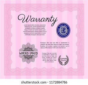 Pink Warranty Certificate template. Printer friendly. Retro design. Customizable, Easy to edit and change colors. 