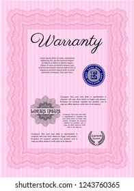 Pink Warranty Certificate template. Printer friendly. Customizable, Easy to edit and change colors. Money Pattern design. 