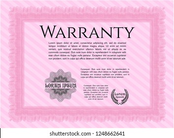 Pink Warranty Certificate template. Printer friendly. Vector illustration. Nice design. 