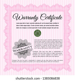 Pink Warranty Certificate template. Printer friendly. Customizable, Easy to edit and change colors. Good design. 